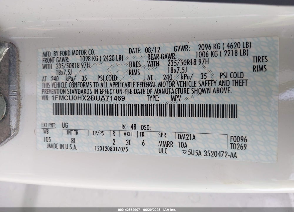 2013 FORD ESCAPE VIN: 1FMCU0HX2DUA71469