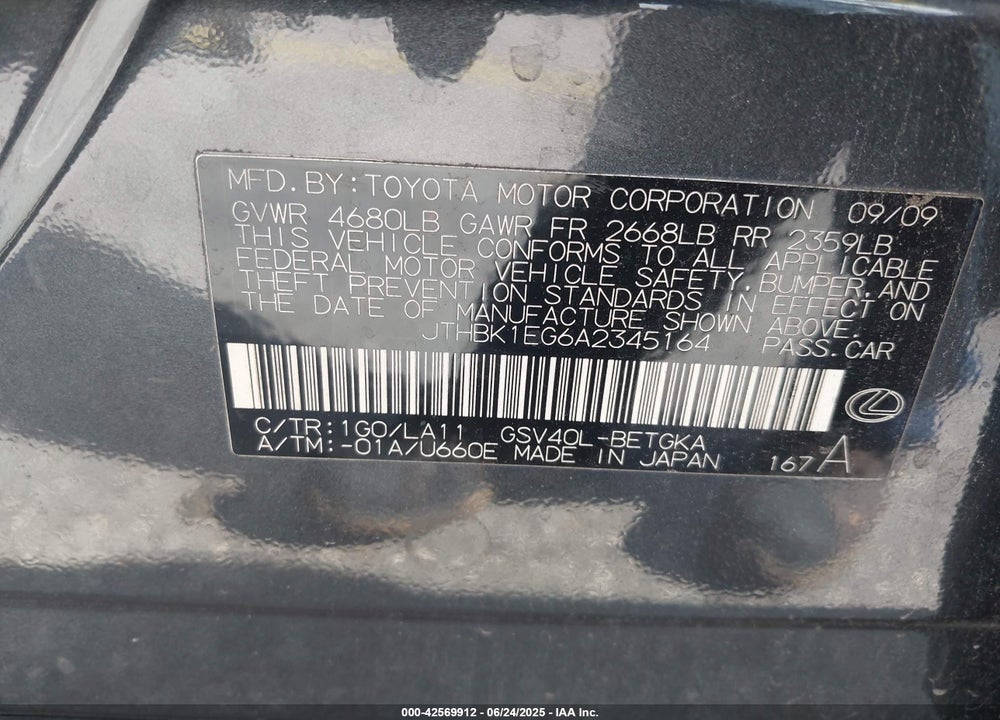 2010 LEXUS ES 350 VIN: JTHBK1EG6A2345164