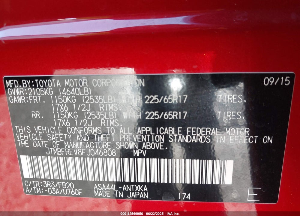 2015 TOYOTA RAV4 VIN: JTMBFREV8FJ046808