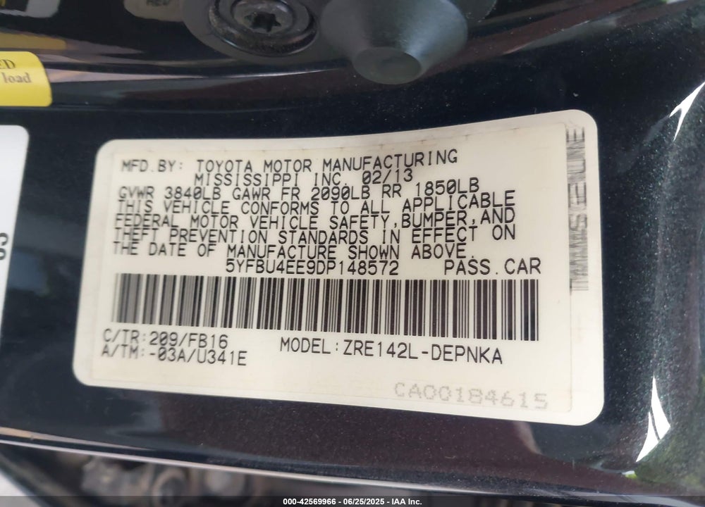 2013 TOYOTA COROLLA LE VIN: 5YFBU4EE9DP148572