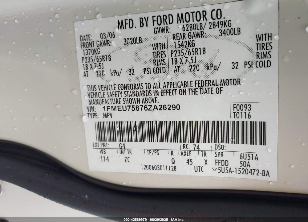 2006 FORD EXPLORER VIN: 1FMEU75876ZA26290