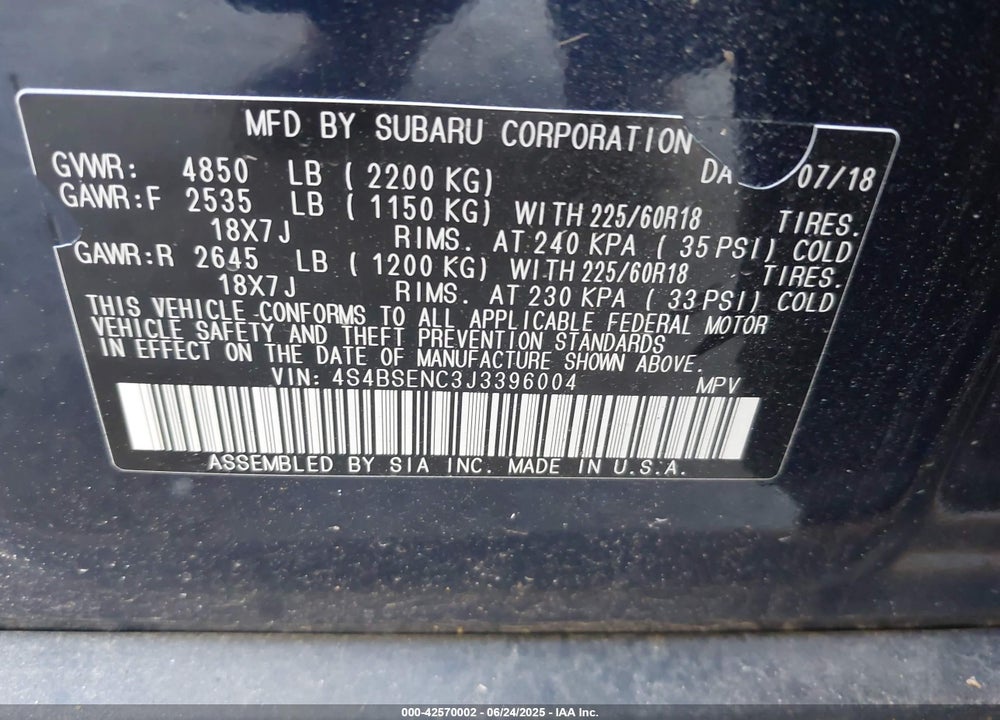 2018 SUBARU OUTBACK VIN: 4S4BSENC3J3396004