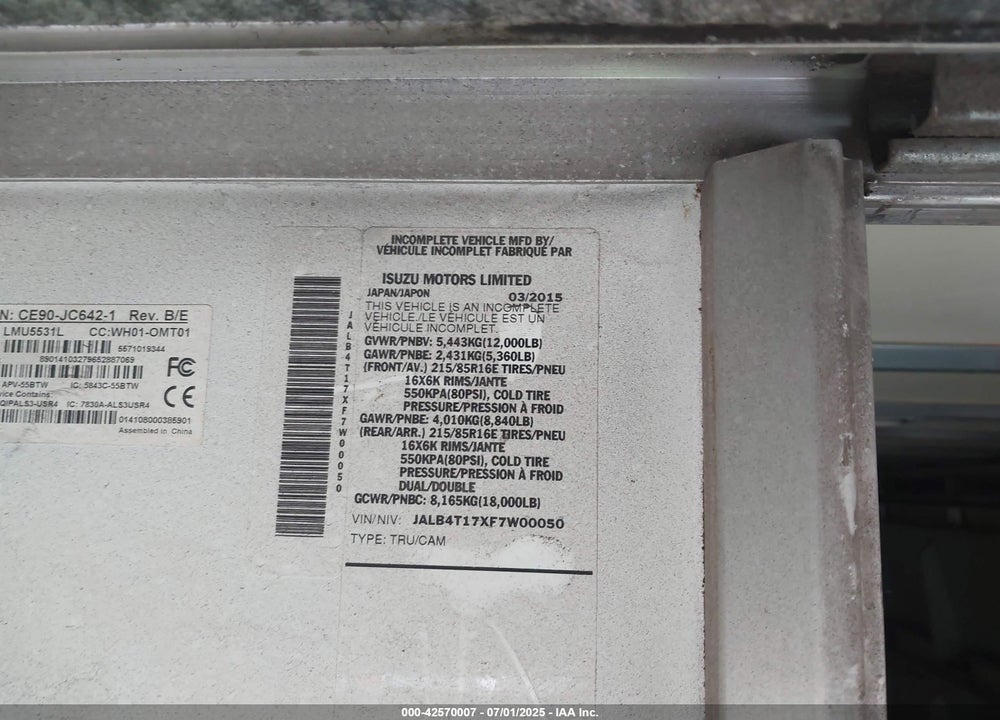 2015 ISUZU COMMERCIAL VAN VIN: JALB4T17XF7W00050