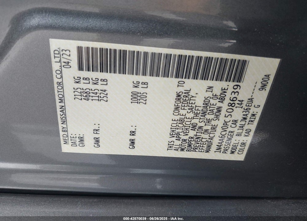 2023 NISSAN MAXIMA SV XTRONIC CVT VIN: 1N4AA6CV0PC508639