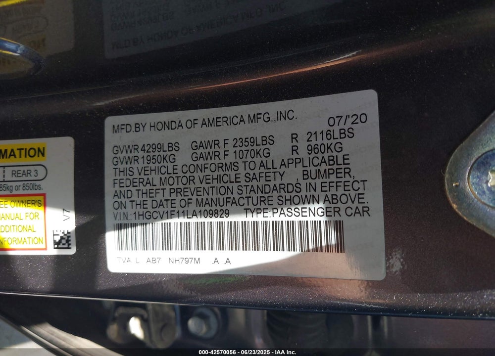 2020 HONDA ACCORD VIN: 1HGCV1F11LA109829