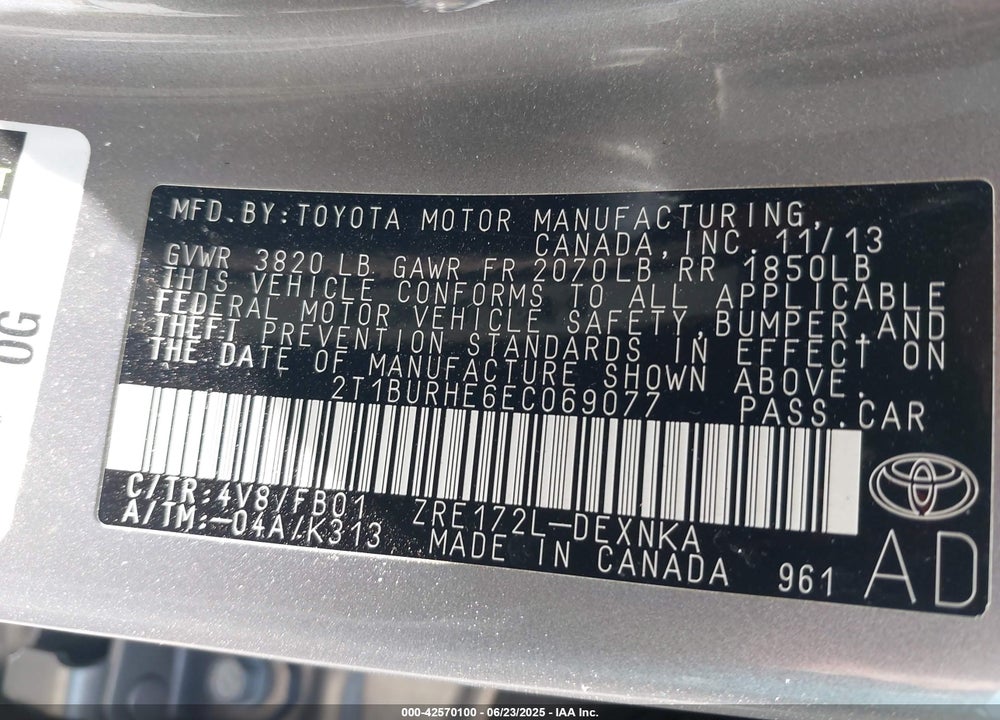 2014 TOYOTA COROLLA VIN: 2T1BURHE6EC069077