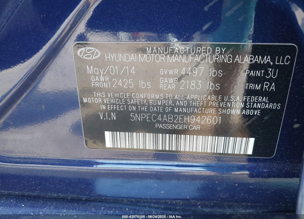 2014 HYUNDAI SONATA VIN: 5NPEC4AB2EH942601