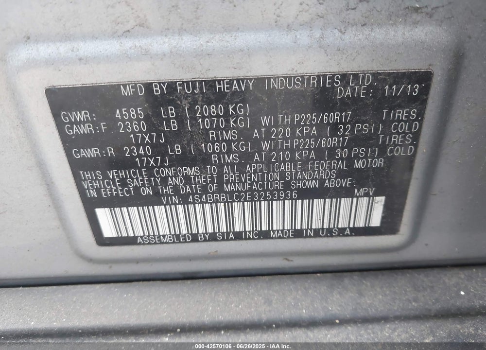 2014 SUBARU OUTBACK VIN: 4S4BRBLC2E3253936