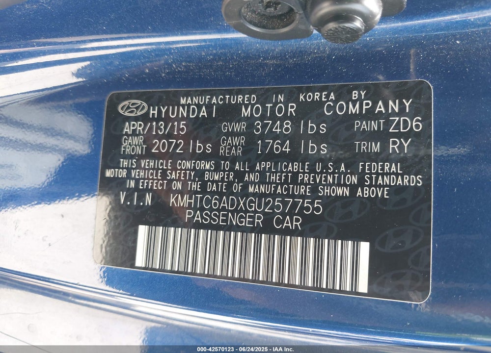 2016 HYUNDAI VELOSTER VIN: KMHTC6ADXGU257755