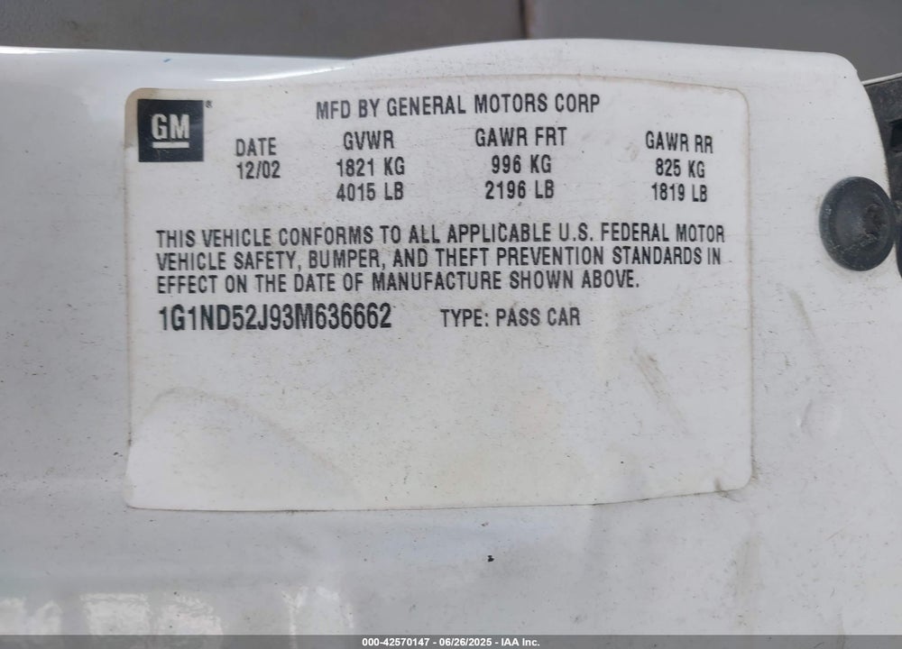 2003 CHEVROLET MALIBU VIN: 1G1ND52J93M636662