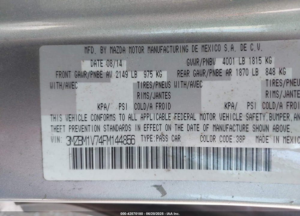 2015 MAZDA 3 I TOURING VIN: 3MZBM1V74FM144856