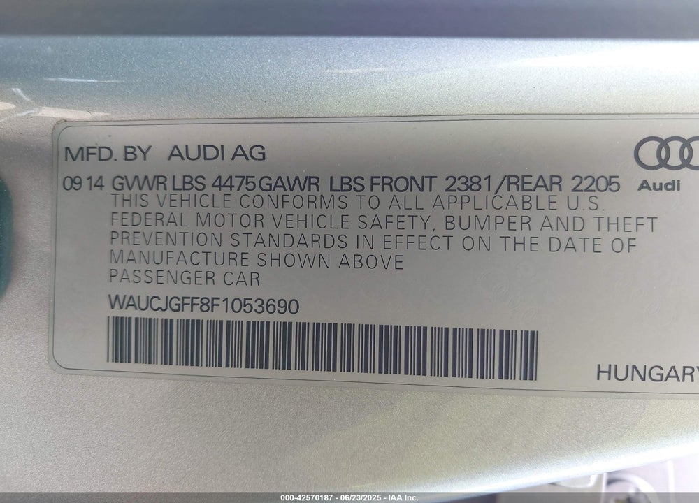 2015 AUDI A3 2.0 TDI PREMIUM VIN: WAUCJGFF8F1053690