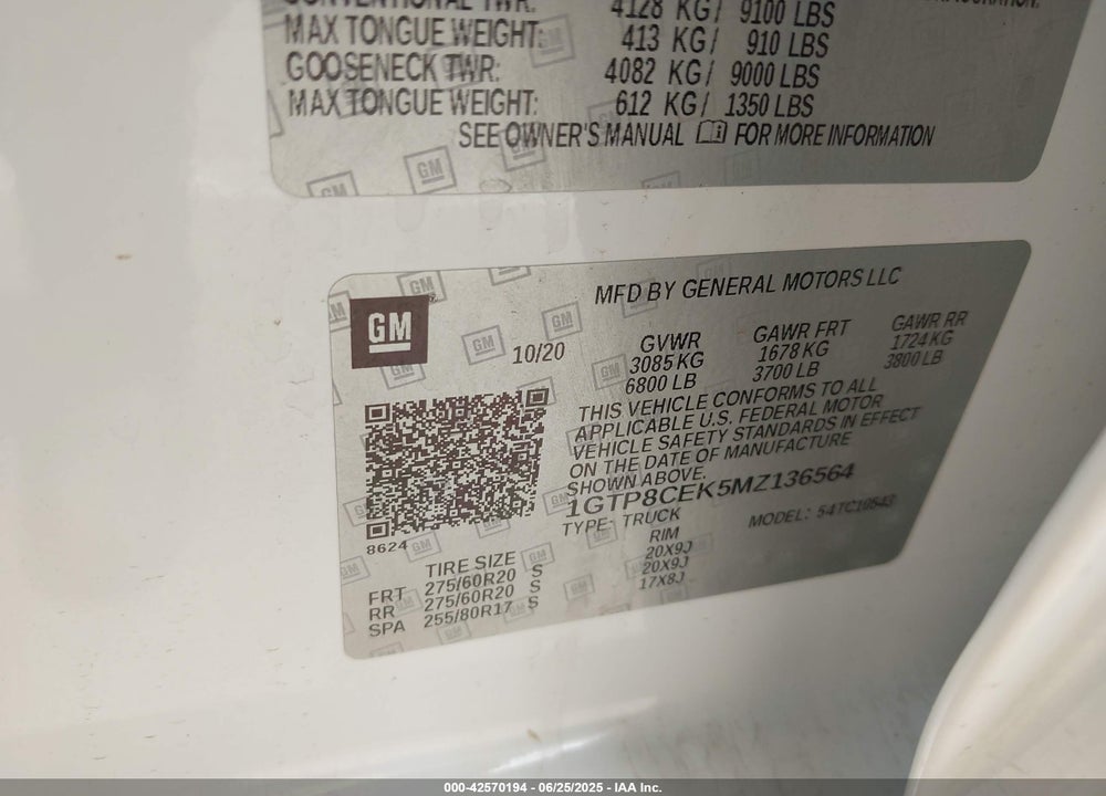 2021 GMC SIERRA 1500 VIN: 1GTP8CEK5MZ136564