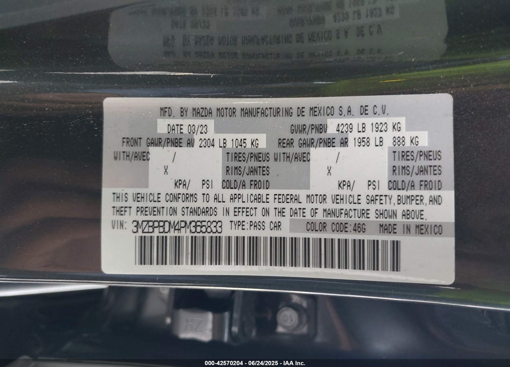 2023 MAZDA 3 2.5 S PREMIUM VIN: 3MZBPBDM4PM365833