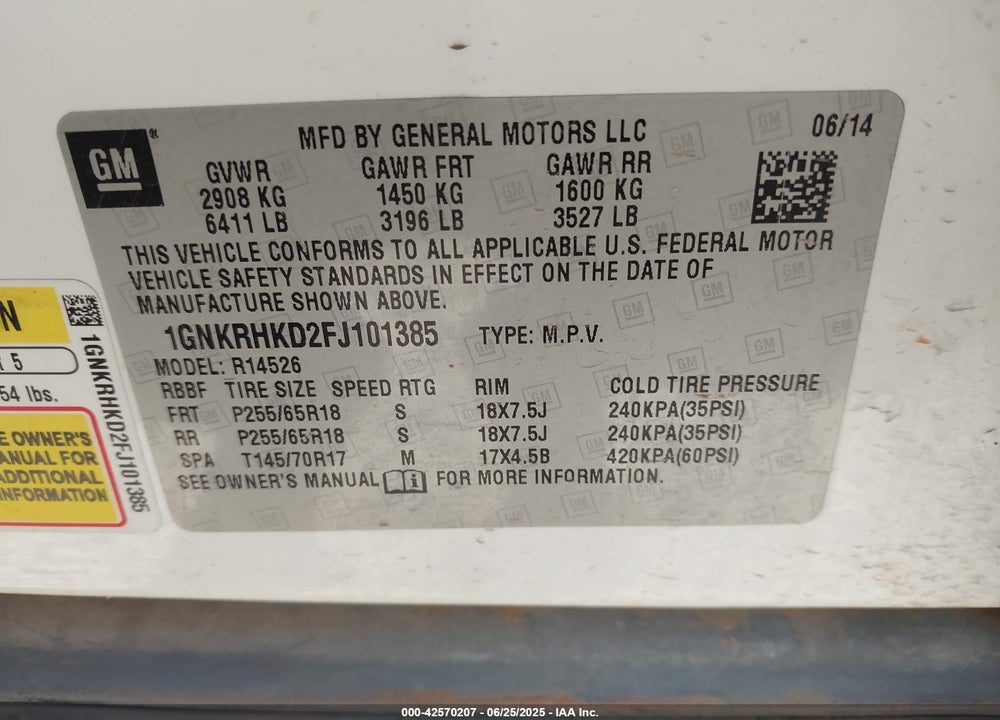 2015 CHEVROLET TRAVERSE VIN: 1GNKRHKD2FJ101385