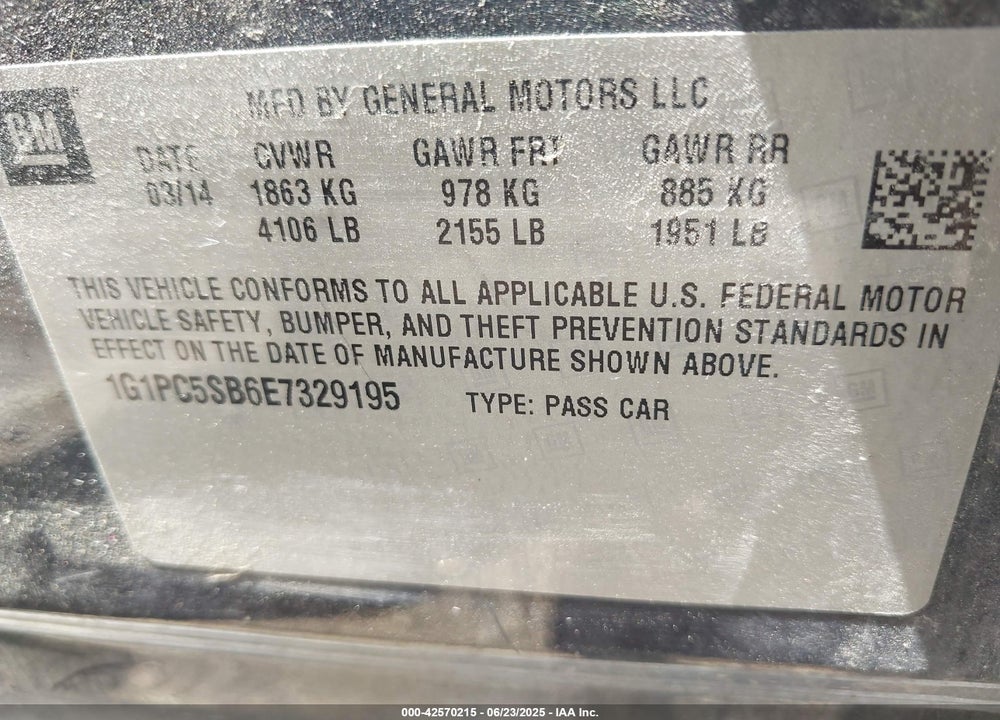 2014 CHEVROLET CRUZE VIN: 1G1PC5SB6E7329195
