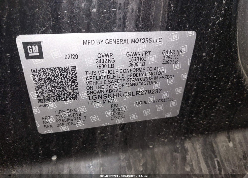 2020 CHEVROLET SUBURBAN 4WD LT VIN: 1GNSKHKC9LR279237