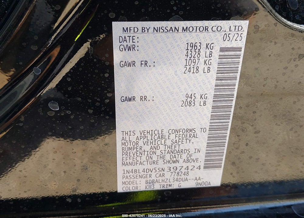 2025 NISSAN ALTIMA VIN: 1N4BL4DV5SN397424