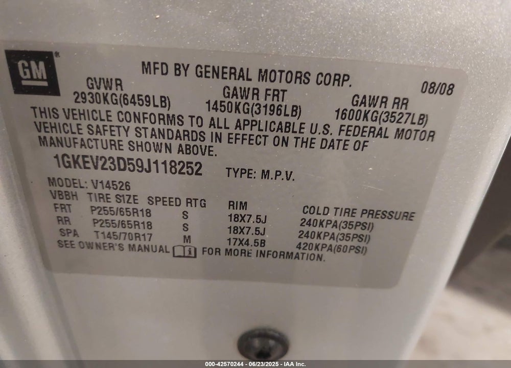 2009 GMC ACADIA SLT-1 VIN: 1GKEV23D59J118252