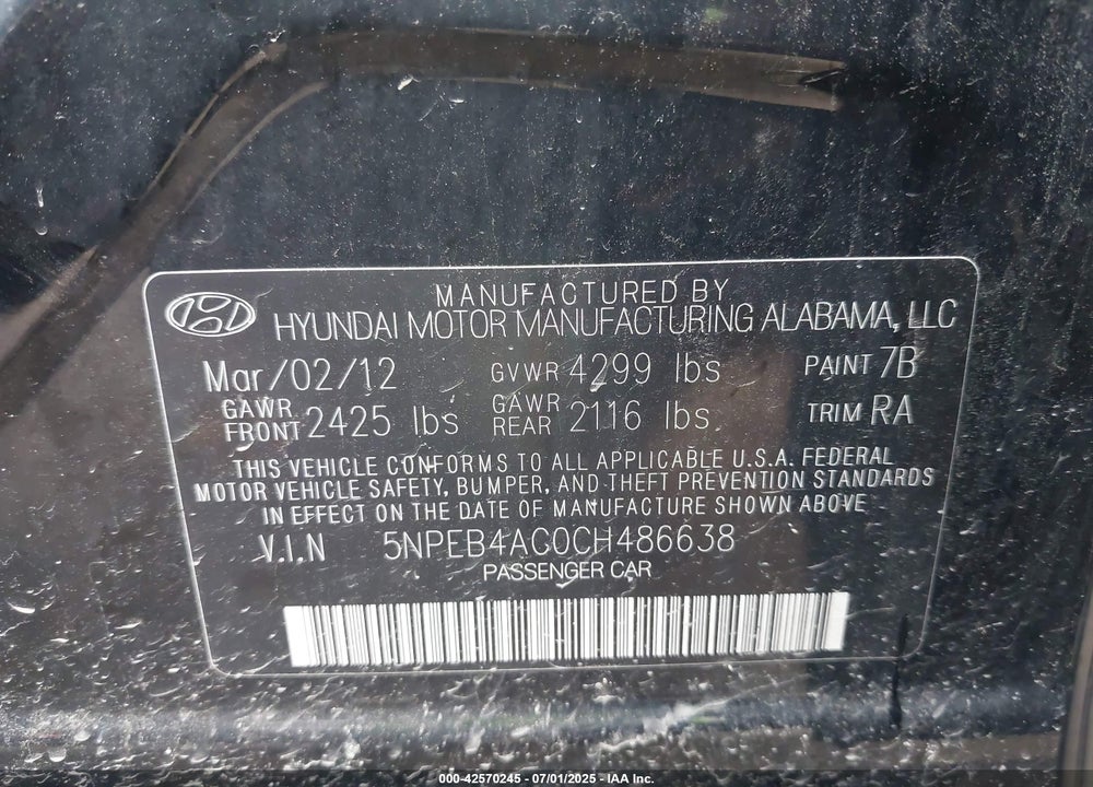 2012 HYUNDAI SONATA VIN: 5NPEB4AC0CH486638