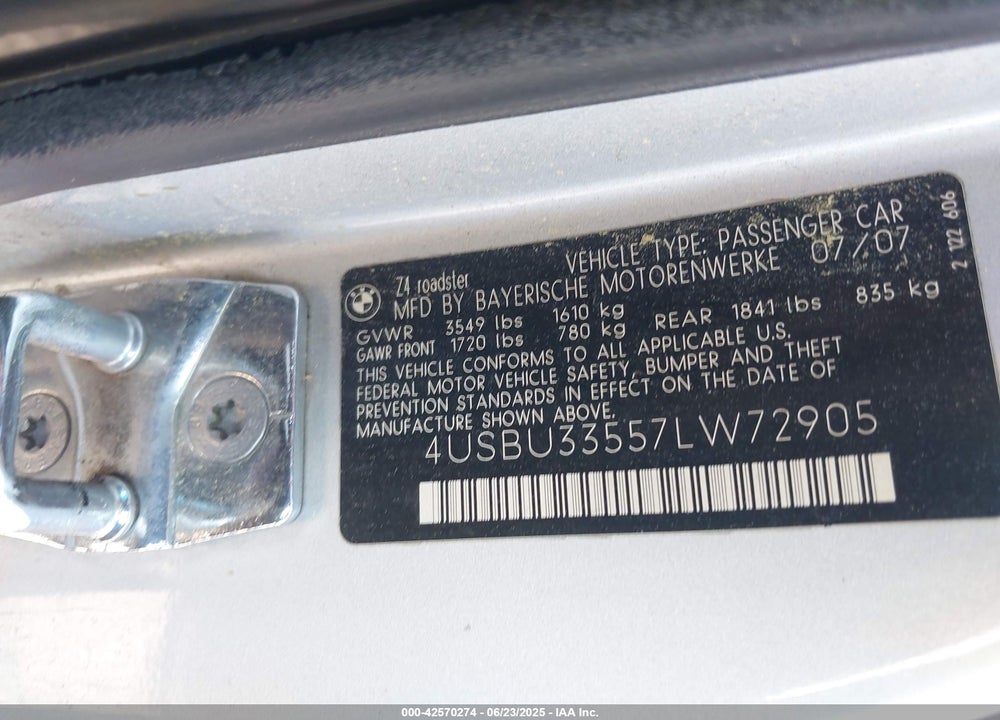 2007 BMW Z4 3.0I VIN: 4USBU33557LW72905