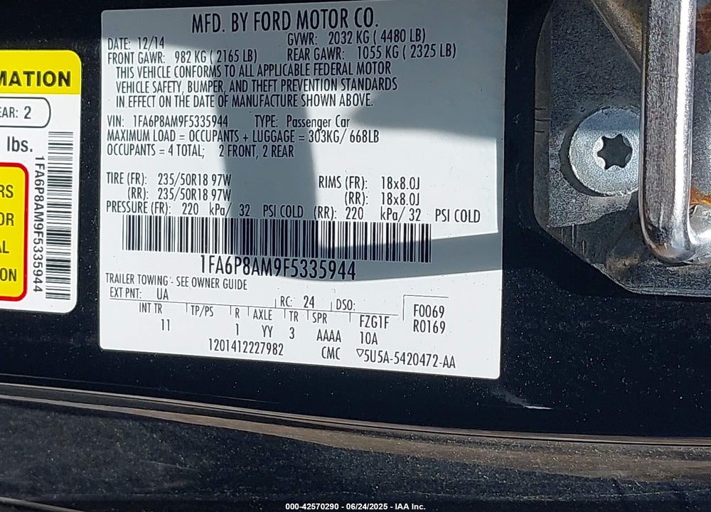 2015 FORD MUSTANG V6 VIN: 1FA6P8AM9F5335944