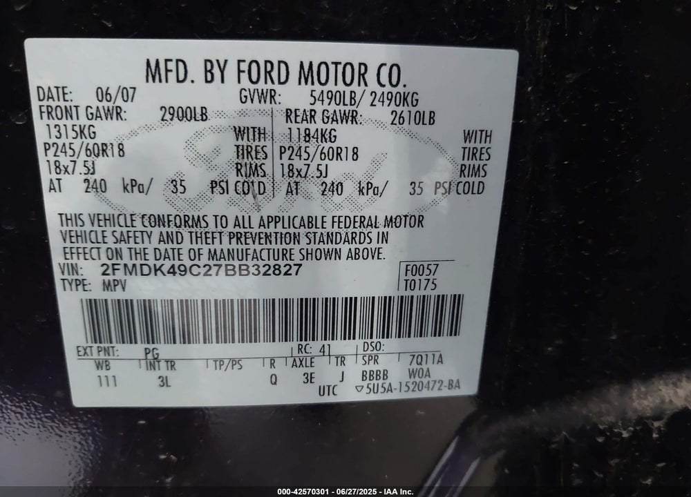 2007 FORD EDGE SEL PLUS VIN: 2FMDK49C27BB32827