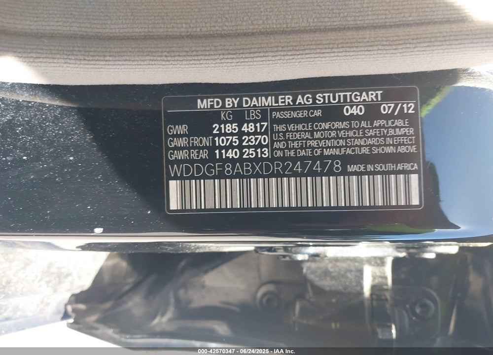 2013 MERCEDES-BENZ C CLASS VIN: WDDGF8ABXDR247478