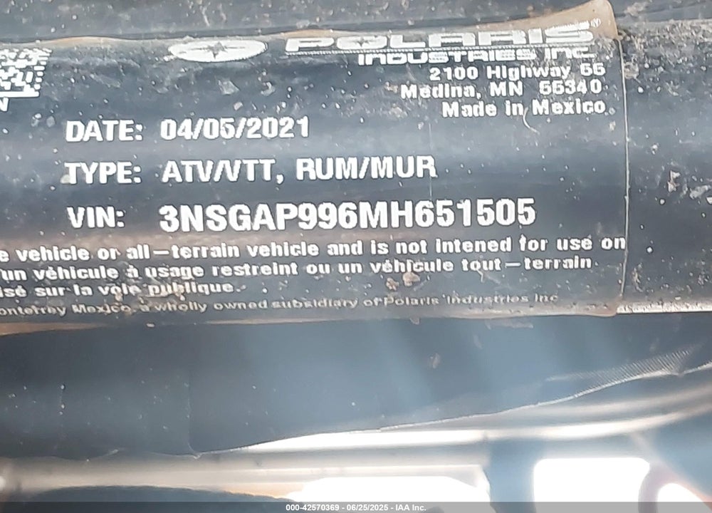 2021 POLARIS GENERAL 1000 PREMIUM VIN: 3NSGAP996MH651505