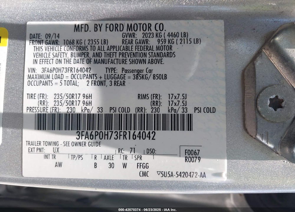 2015 FORD FUSION SE VIN: 3FA6P0H73FR164042