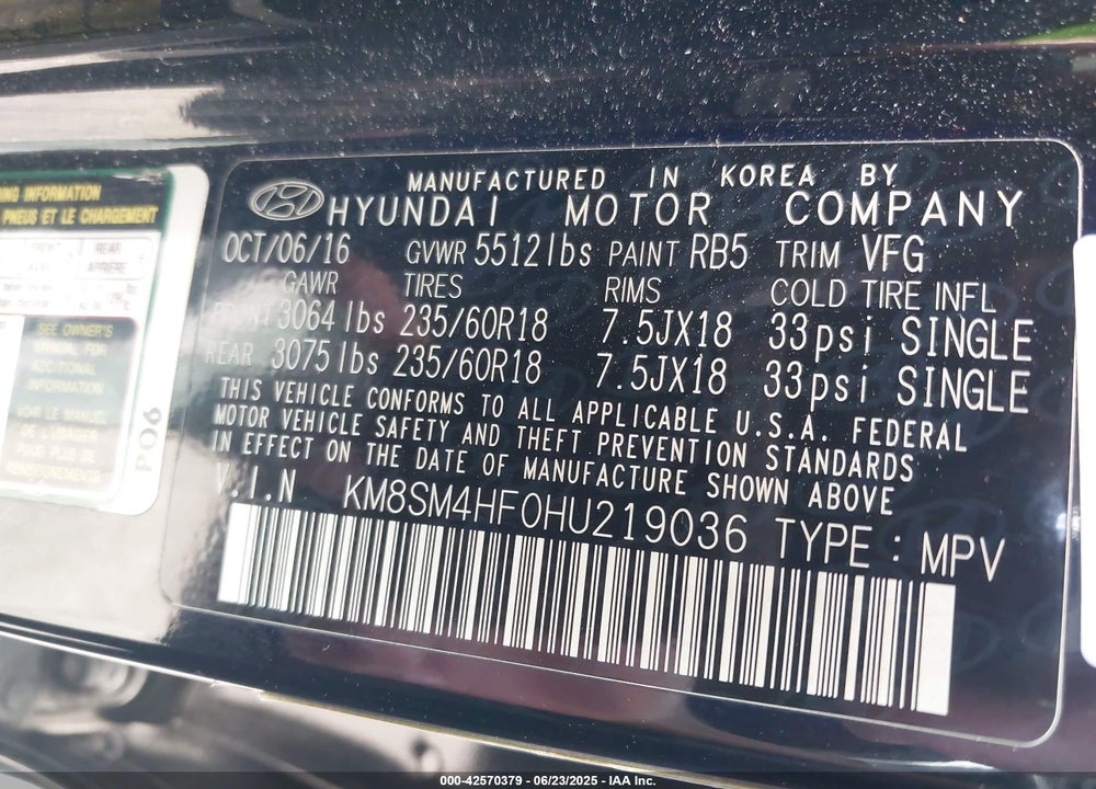 2017 HYUNDAI SANTA FE VIN: KM8SM4HF0HU219036