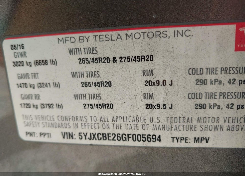 2016 TESLA MODEL X 60D/70D/75D/90D/P100D VIN: 5YJXCBE26GF005694