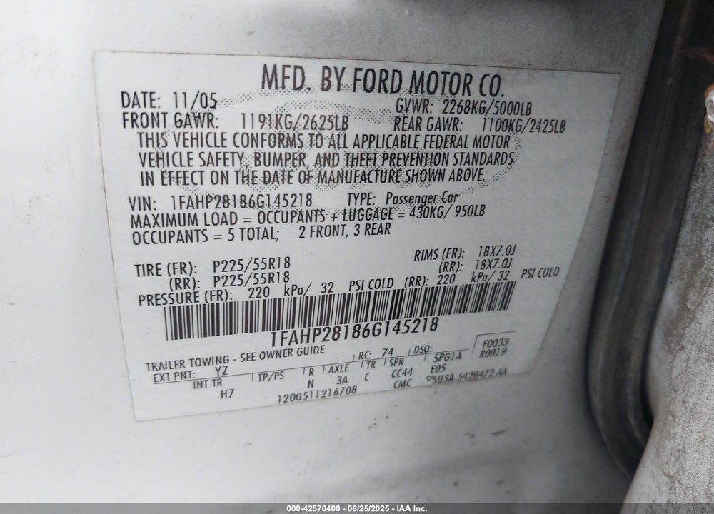 2006 FORD FIVE HUNDRED VIN: 1FAHP28186G145218