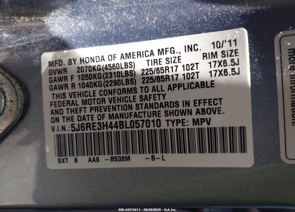 2011 HONDA CR-V SE VIN: 5J6RE3H44BL057010