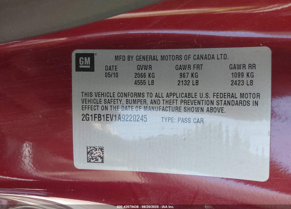 2010 CHEVROLET CAMARO VIN: 2G1FB1EV1A9220245