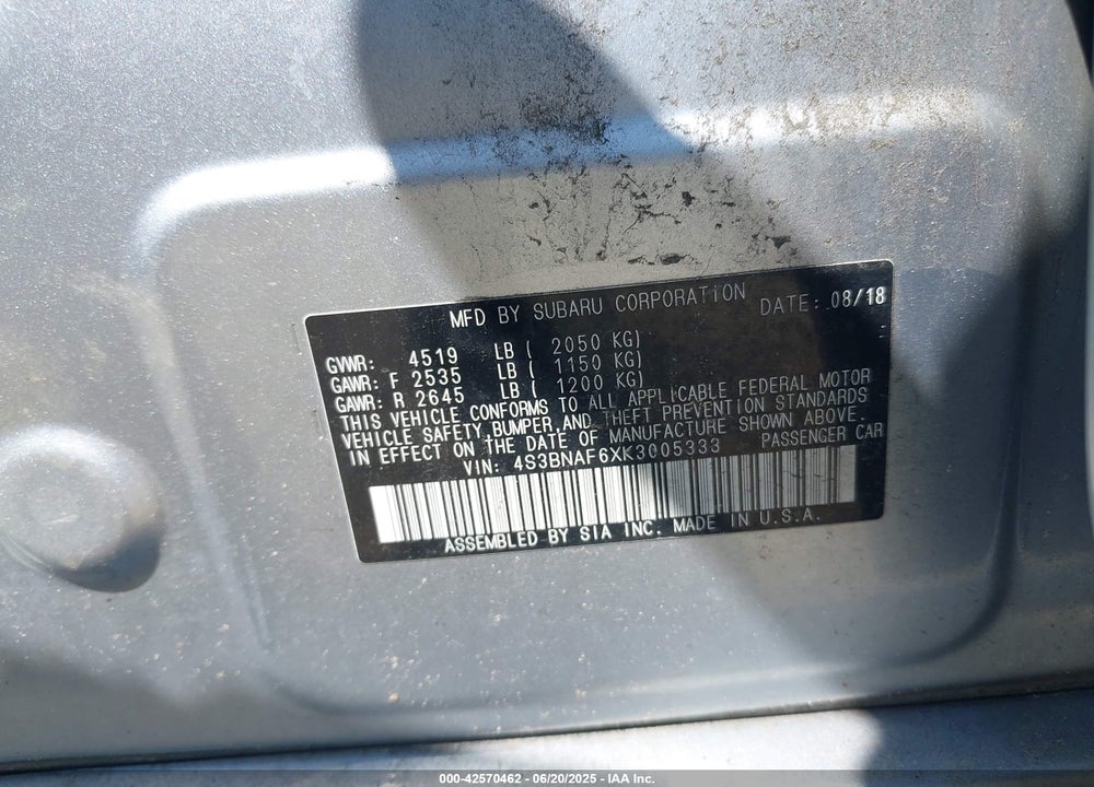 2019 SUBARU LEGACY VIN: 4S3BNAF6XK3005333