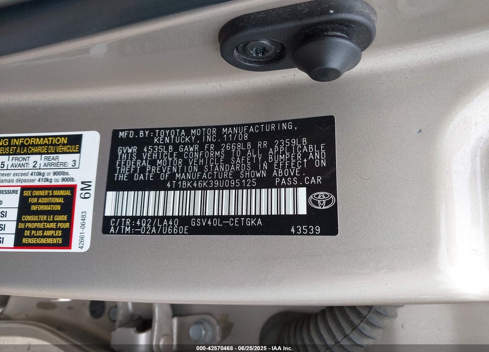 2009 TOYOTA CAMRY VIN: 4T1BK46K39U095125