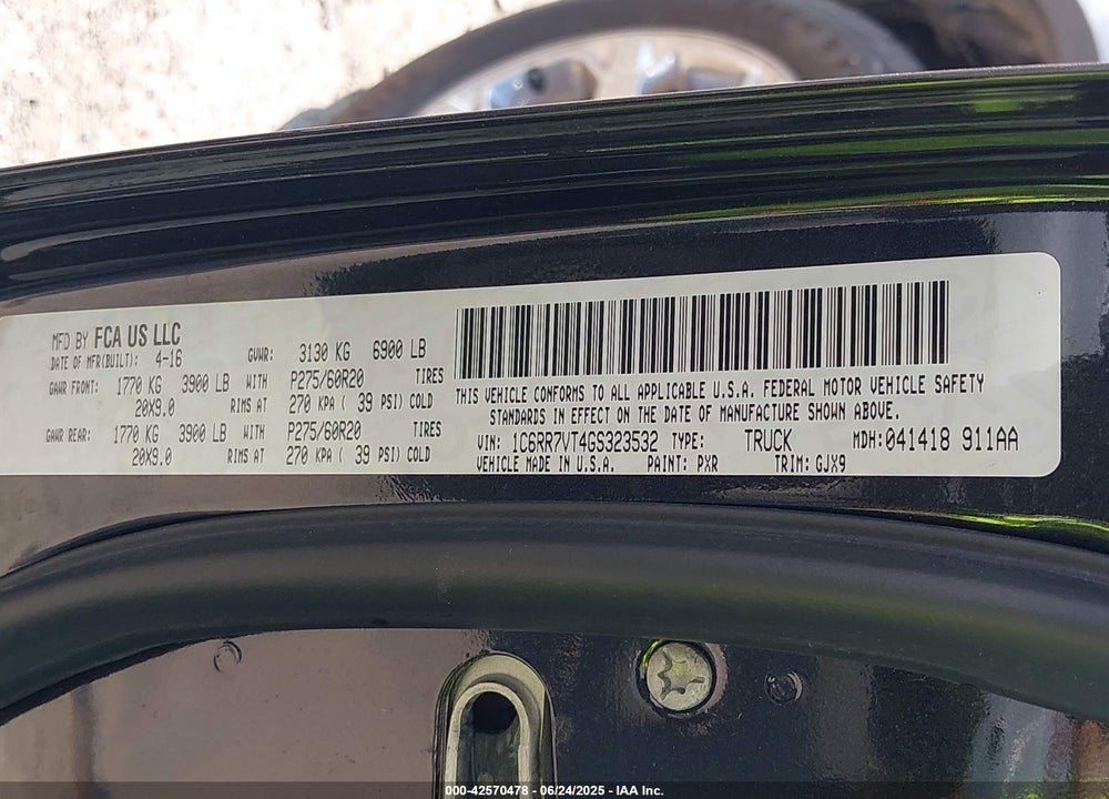 2016 RAM 1500 LAIE VIN: 1C6RR7VT4GS323532
