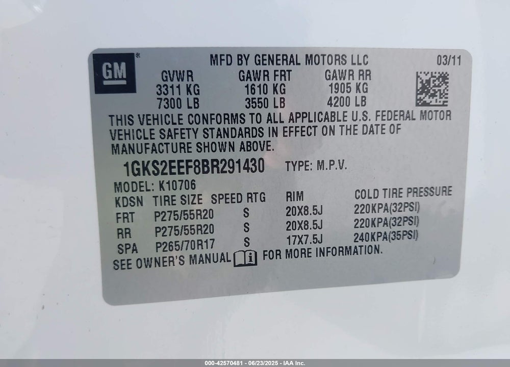 2011 GMC YUKON DENALI VIN: 1GKS2EEF8BR291430
