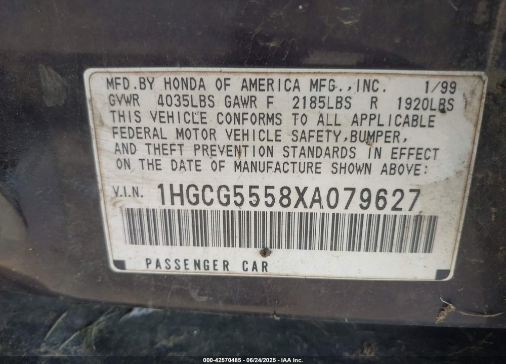1999 HONDA ACCORD EX VIN: 1HGCG5558XA079627
