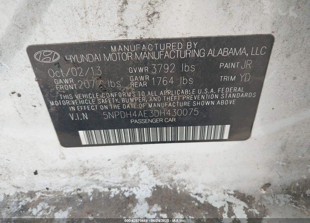 2013 HYUNDAI ELANTRA VIN: 5NPDH4AE3DH430075