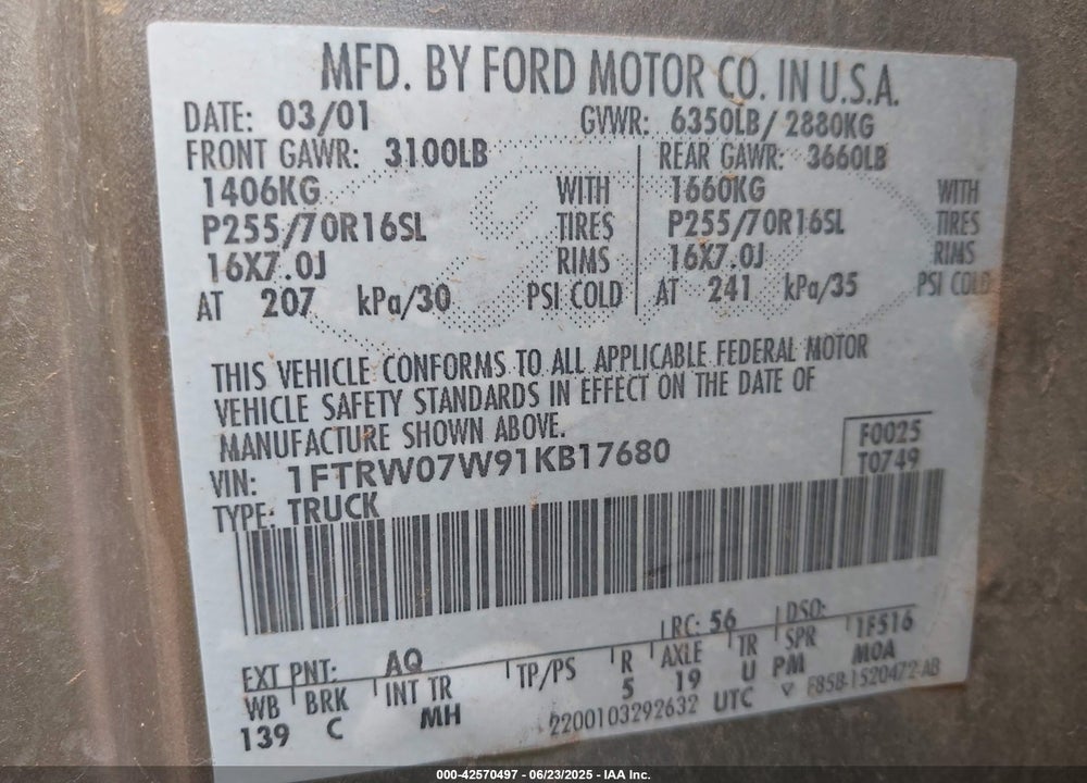 2001 FORD F-150 VIN: 1FTRW07W91KB17680