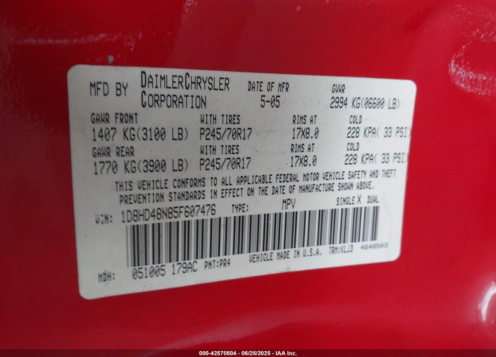2005 DODGE DURANGO SLT VIN: 1D8HD48N85F607476