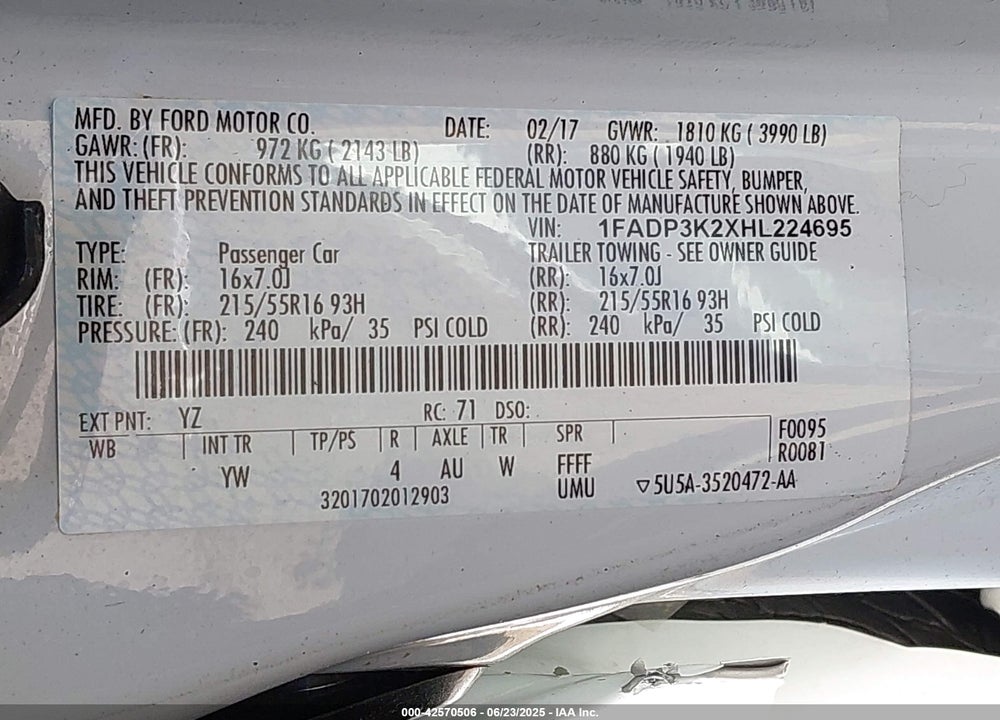 2017 FORD FOCUS SE VIN: 1FADP3K2XHL224695