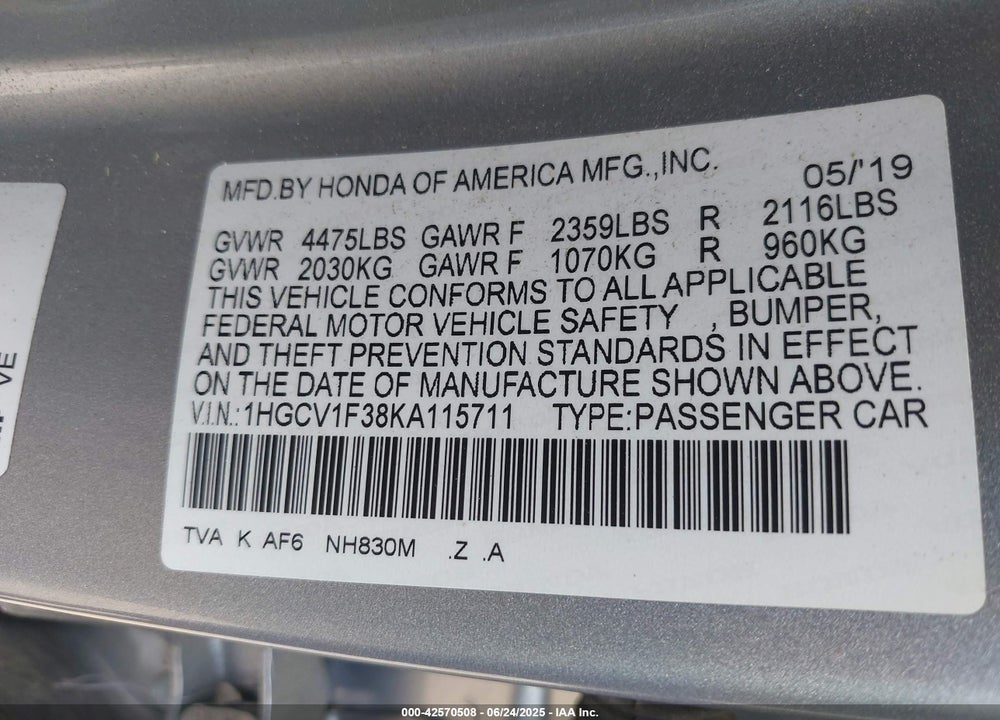 2019 HONDA ACCORD VIN: 1HGCV1F38KA115711