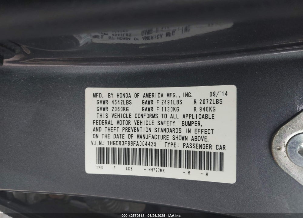 2015 HONDA ACCORD VIN: 1HGCR3F89FA004425