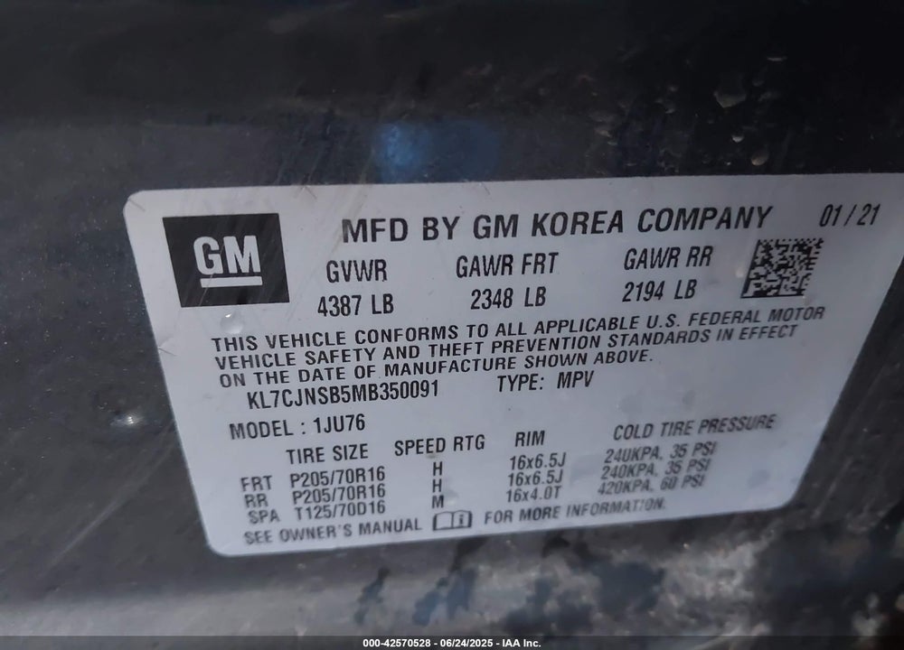 2021 CHEVROLET TRAX VIN: KL7CJNSB5MB350091