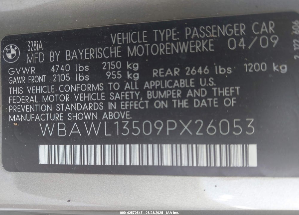 2009 BMW 328I VIN: WBAWL13509PX26053