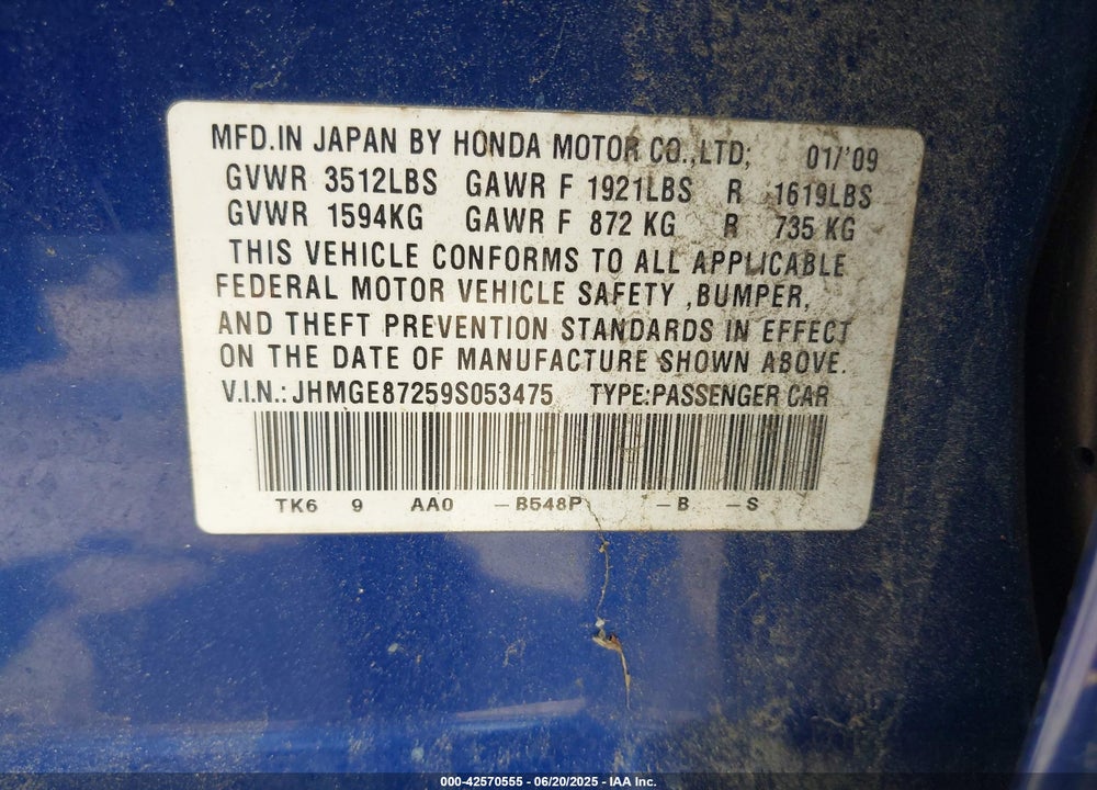 2009 HONDA FIT VIN: JHMGE87259S053475