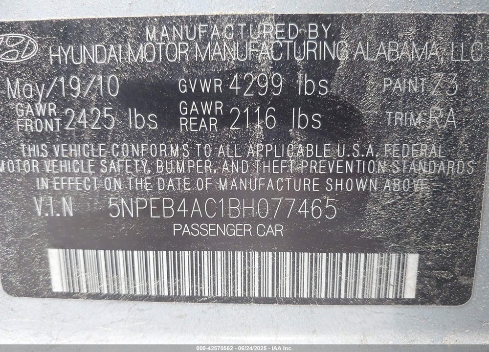 2011 HYUNDAI SONATA VIN: 5NPEB4AC1BH077465